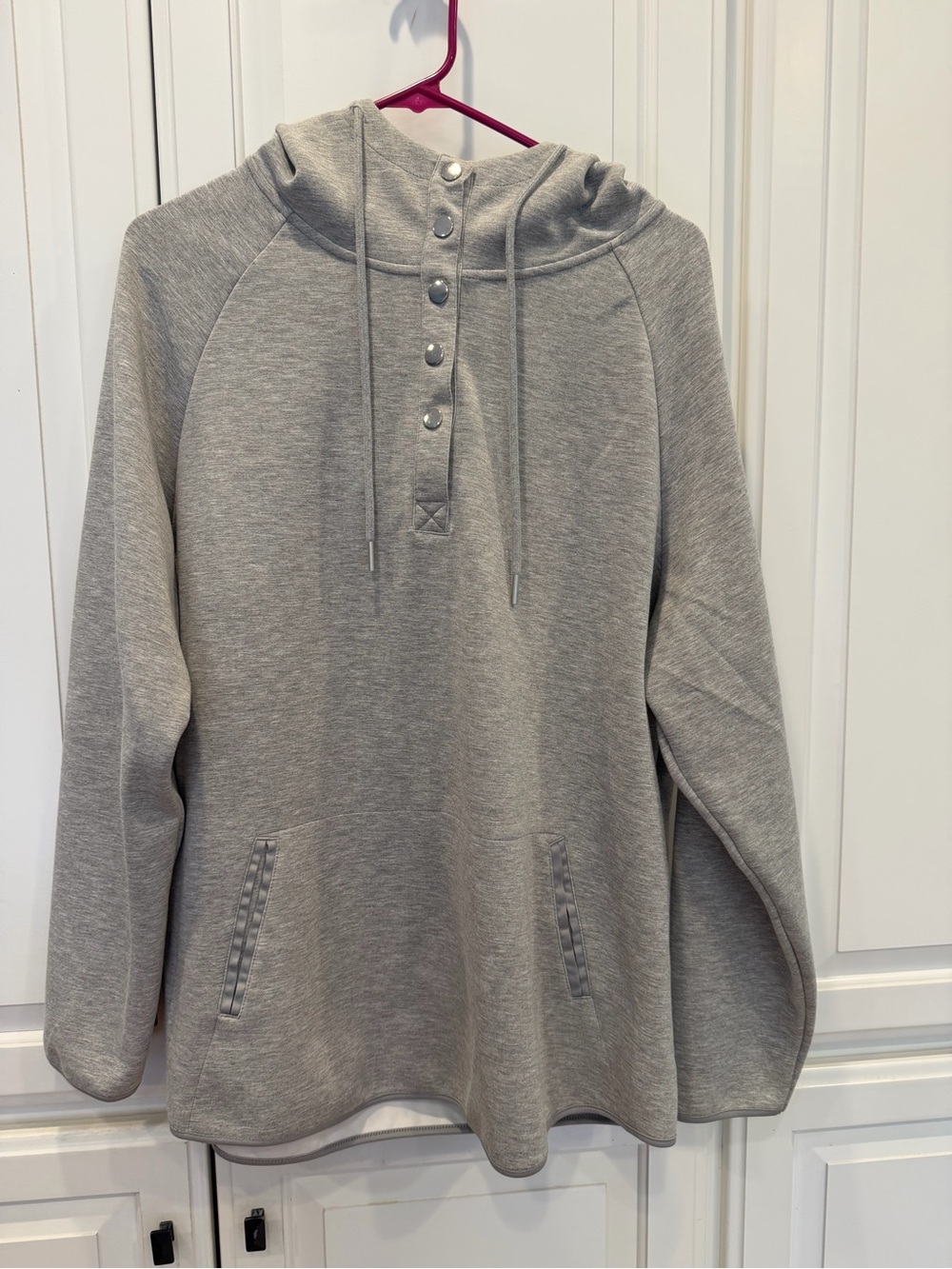 Light Gray Snap-Placket Pullover Hoodie with Funnel Neck